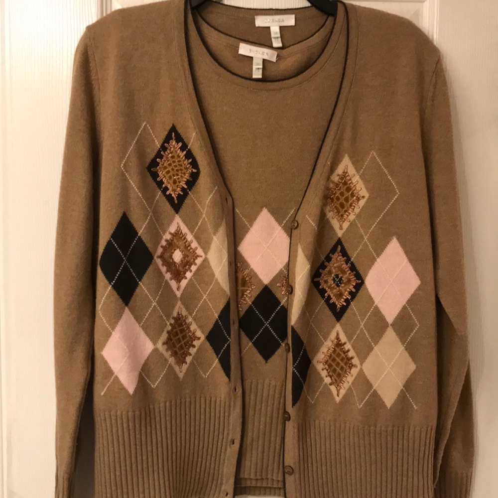 ESCADA cardigan shell top set argyle with leather